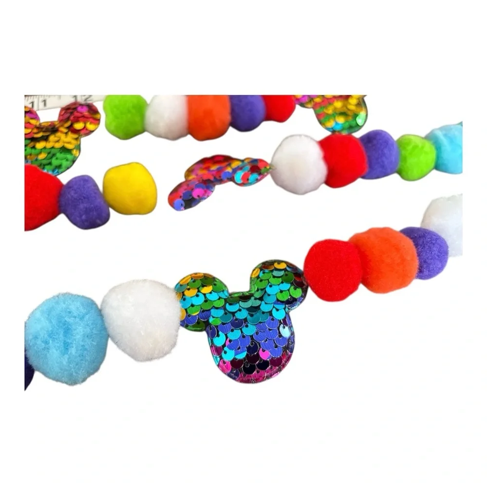 9 ft Disney Mickey Birthday Sequin Pom Pom Garland Handmade on Clear Line